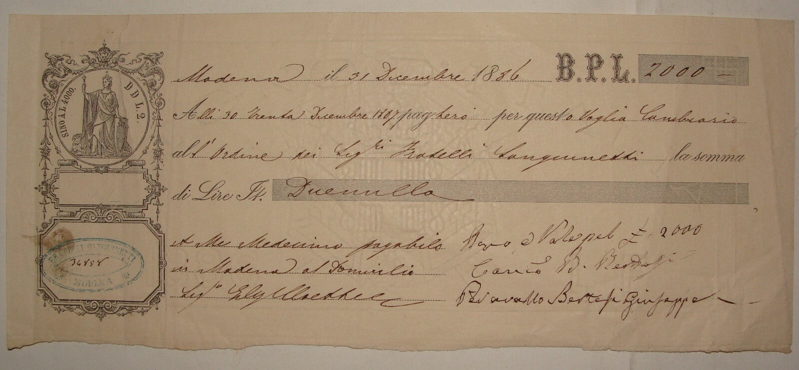 Antique 1886 Italy Italia Cheque Check Bank Modena Payment B.P.L