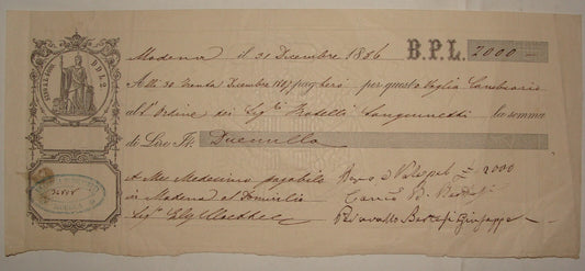 Antique 1886 Italy Italia Cheque Check Bank Modena Payment B.P.L