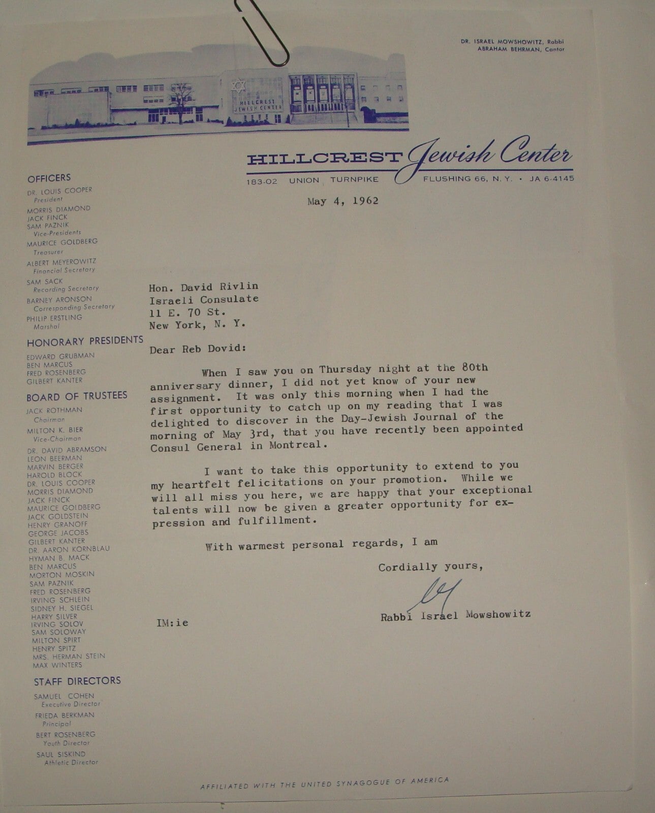 $ Letter Jewish American Judaica Rabbi Israel Mowshowitz Signed Hillcrest Center