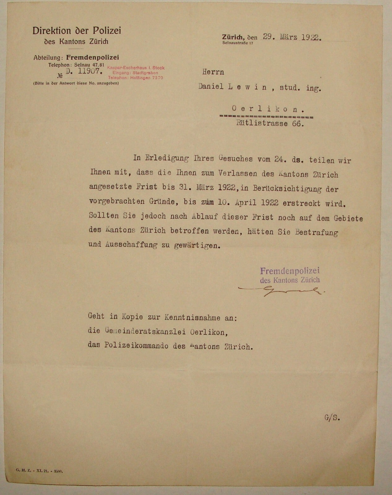 Letter Jewish Judaica 1922 Switzerland Zurich Police German DANIEL LEWIN Deport