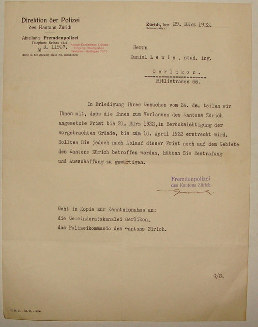 Letter Jewish Judaica 1922 Switzerland Zurich Police German DANIEL LEWIN Deport