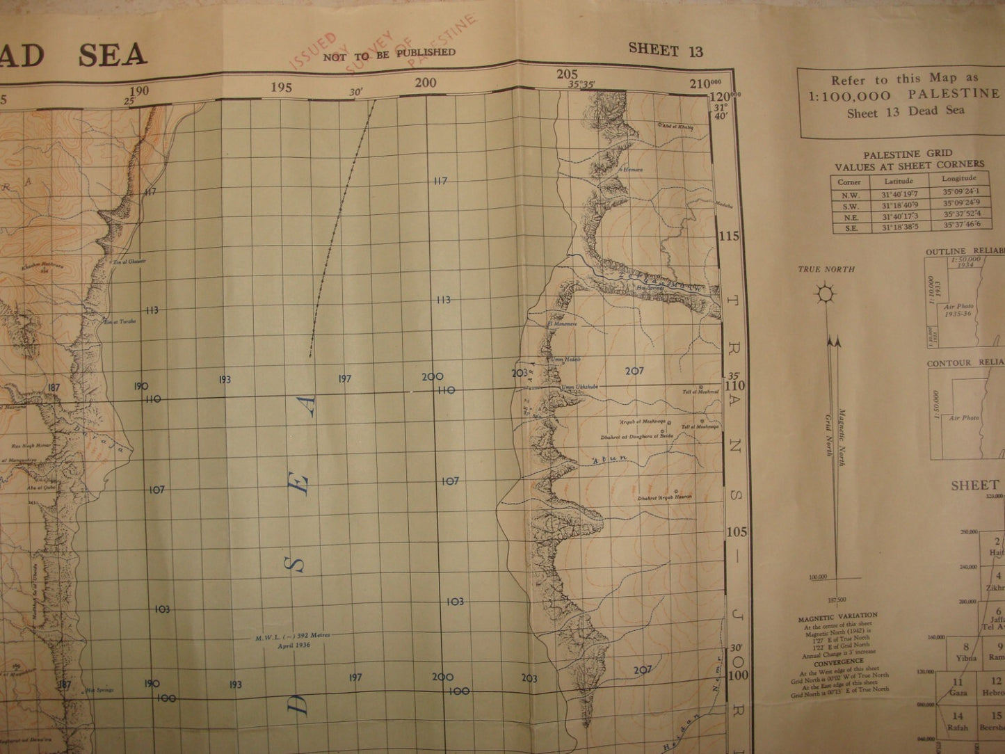 Ad Palestine Israel 1942 DEAD SEA Map Jordan Border
