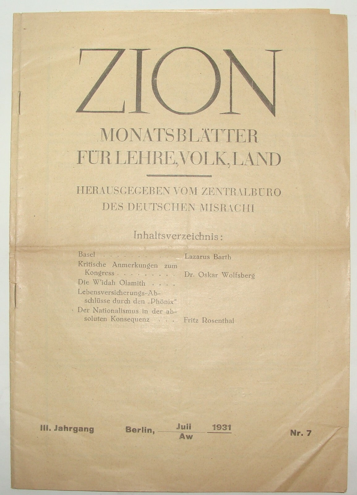 Germany Bulletin Jewish Judaica 1931 Mizrachi German Berlin ZION Zionist