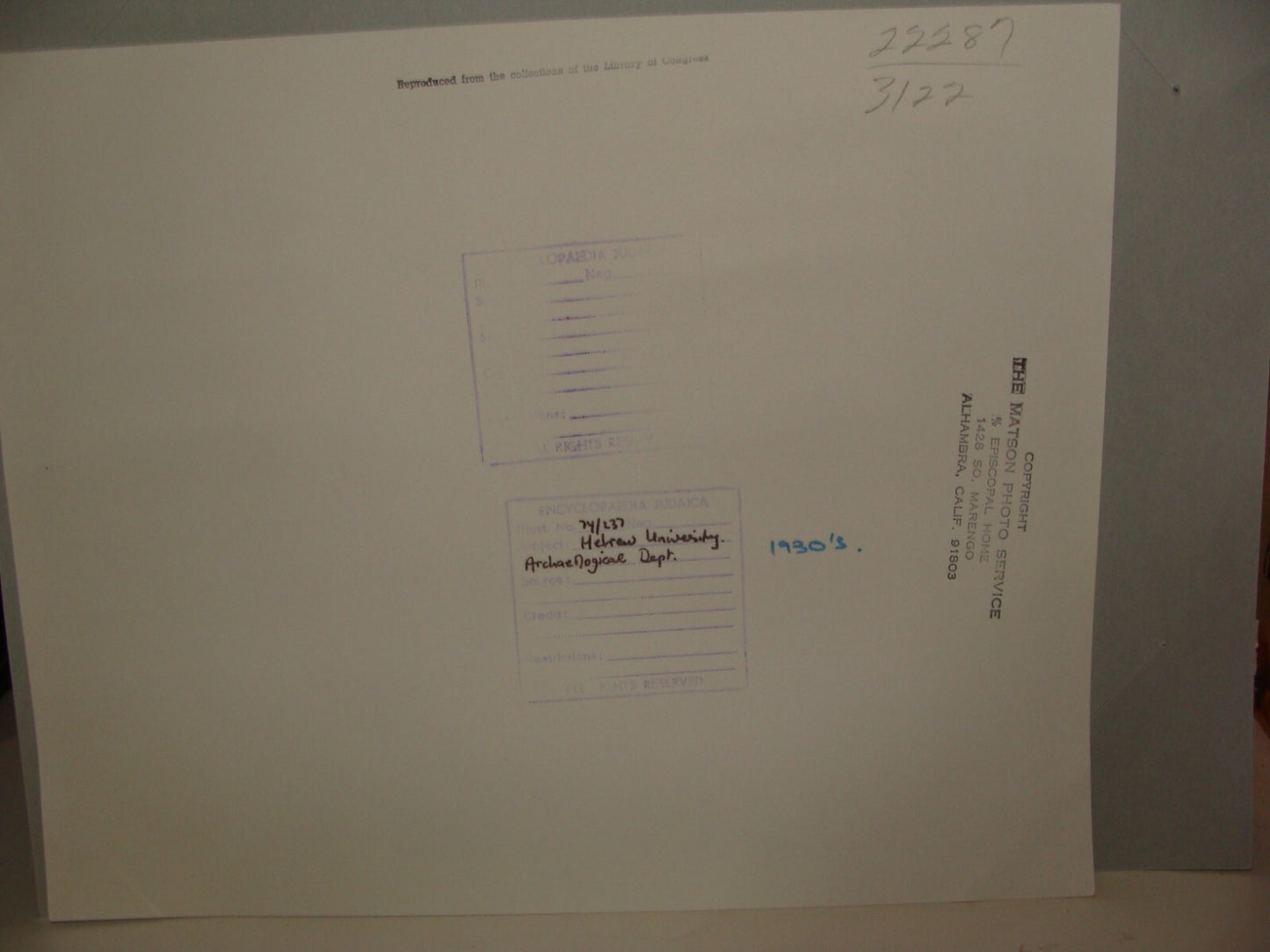 Photo Print Palestine MATSON , 1931 Israel Jerusalem Hebrew University