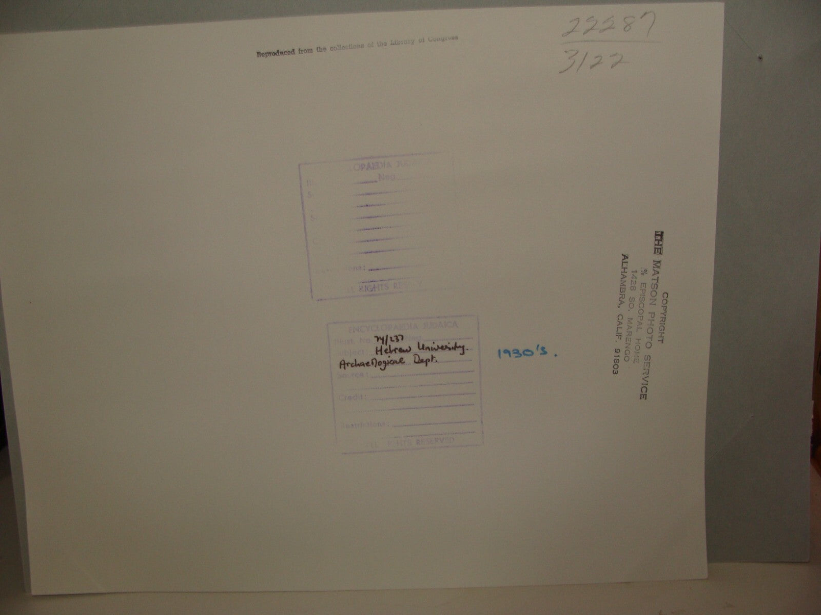 Photo Print Palestine MATSON , 1931 Israel Jerusalem Hebrew University