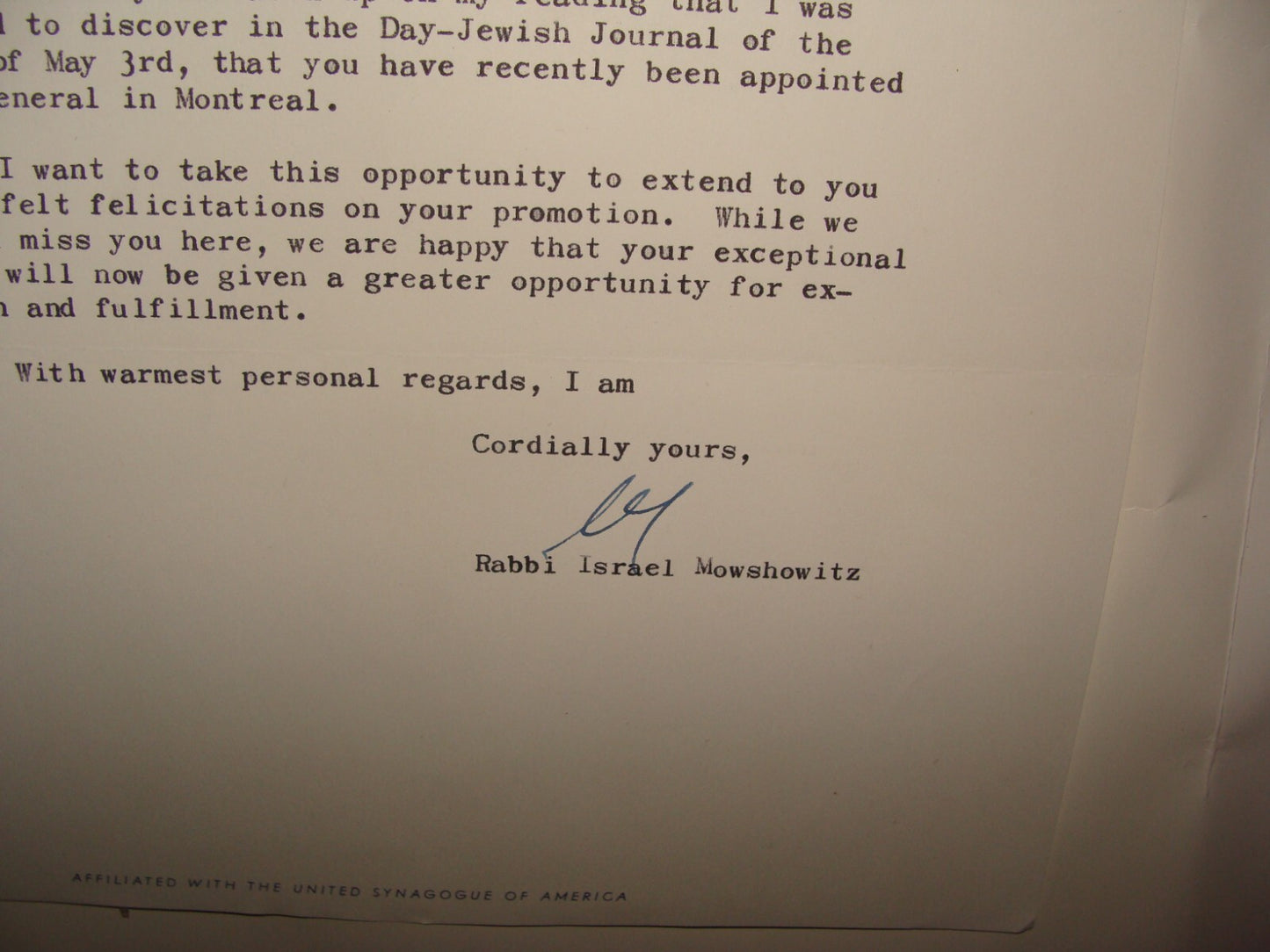 $ Letter Jewish American Judaica Rabbi Israel Mowshowitz Signed Hillcrest Center