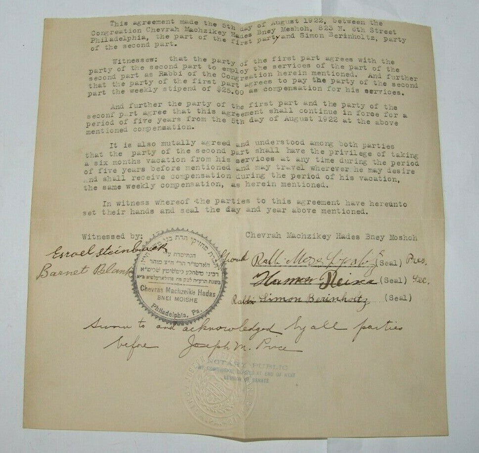 letter Jewish Judaica Bnei Mosihe PA USA rabbi signed stamp agreement 1922