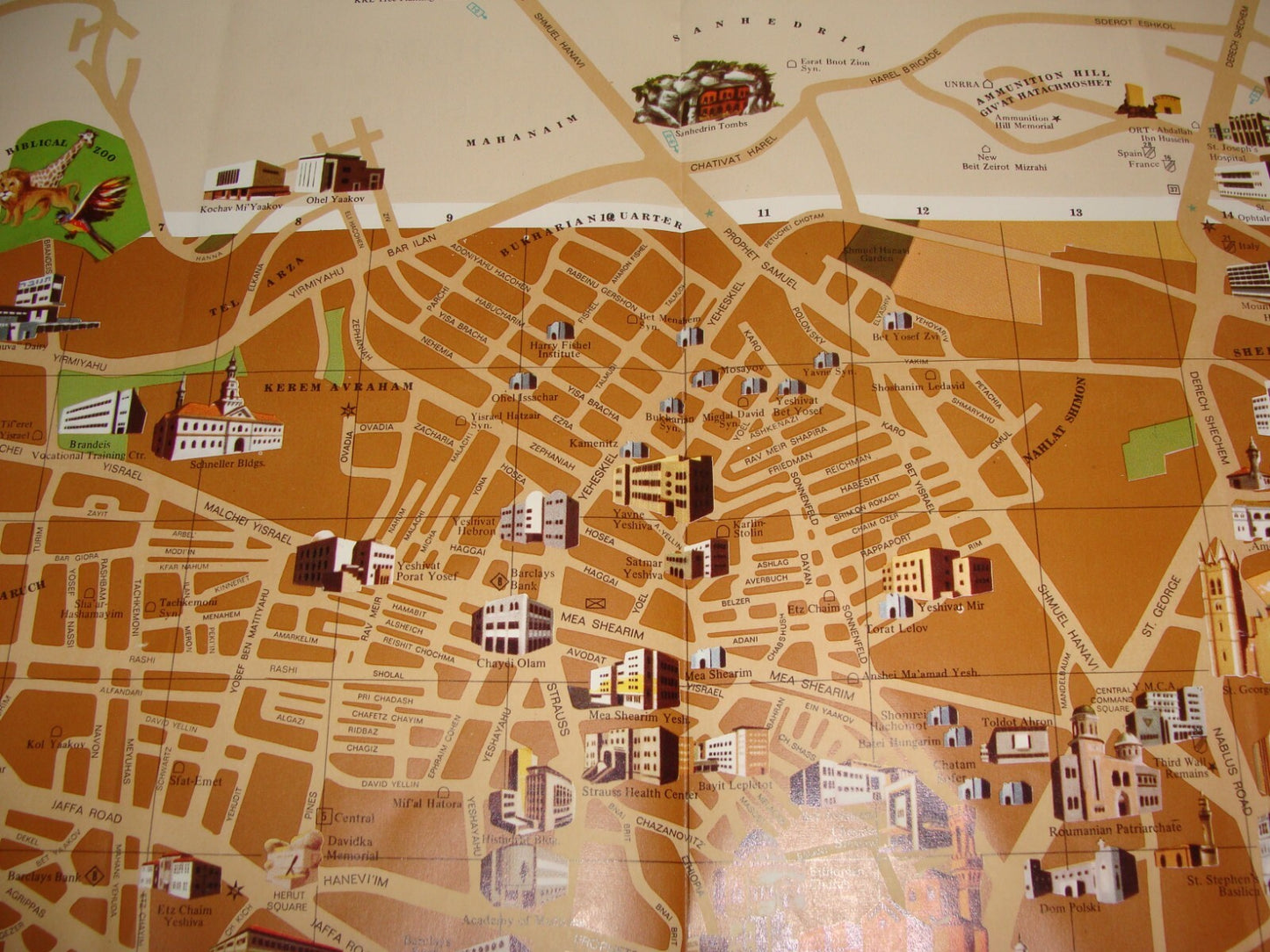 Jewish Israel JERUSALEM Pictorial Map AMIR 1972 BIKUR CHOLIM HOSPITAL Guide Info