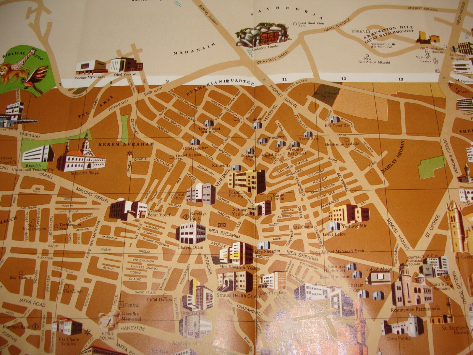 Jewish Israel JERUSALEM Pictorial Map AMIR 1972 BIKUR CHOLIM HOSPITAL Guide Info