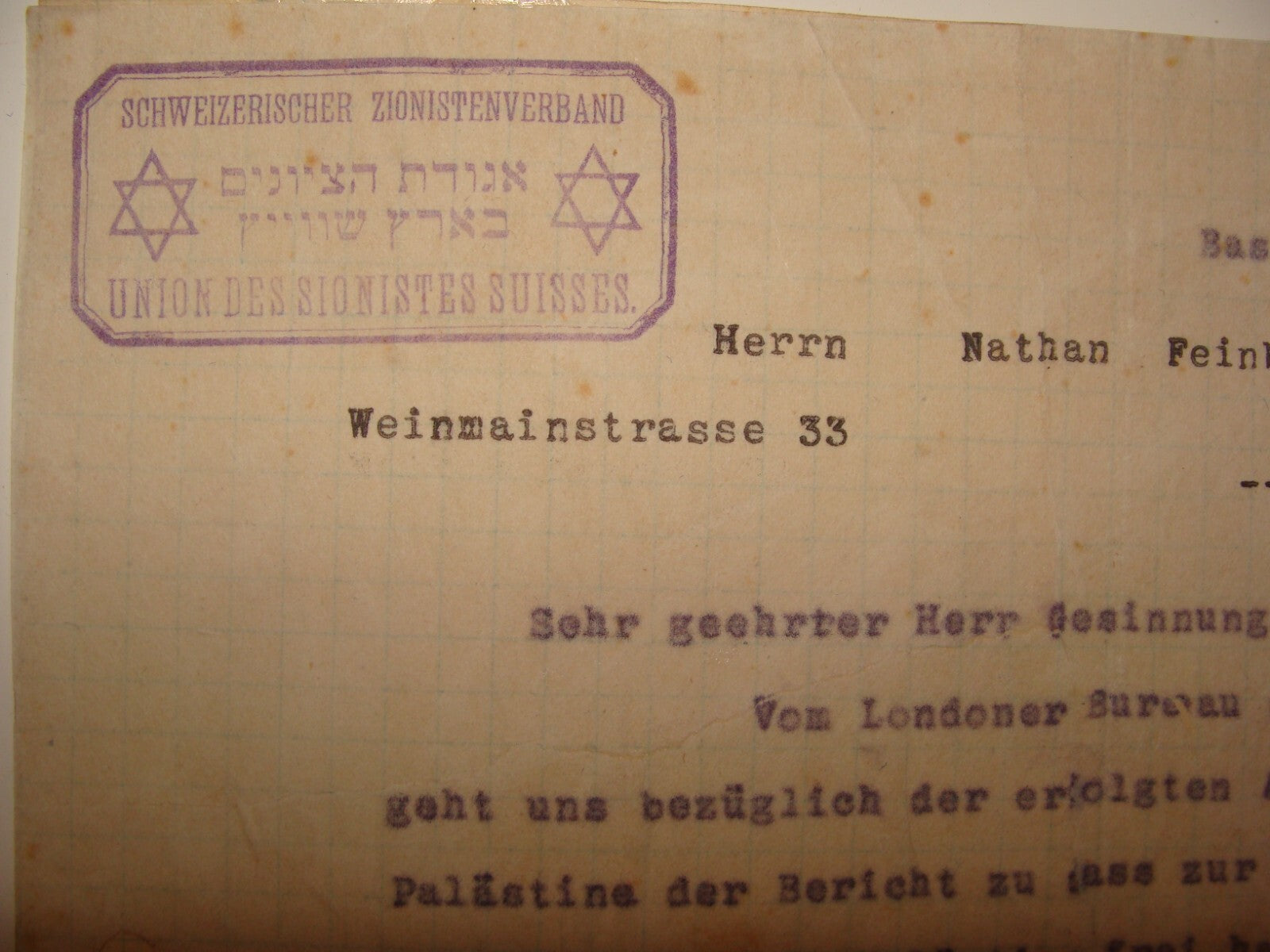 Letter Jewish Judaica RARE Zionist Switzerland Basel 1919 SIGNED