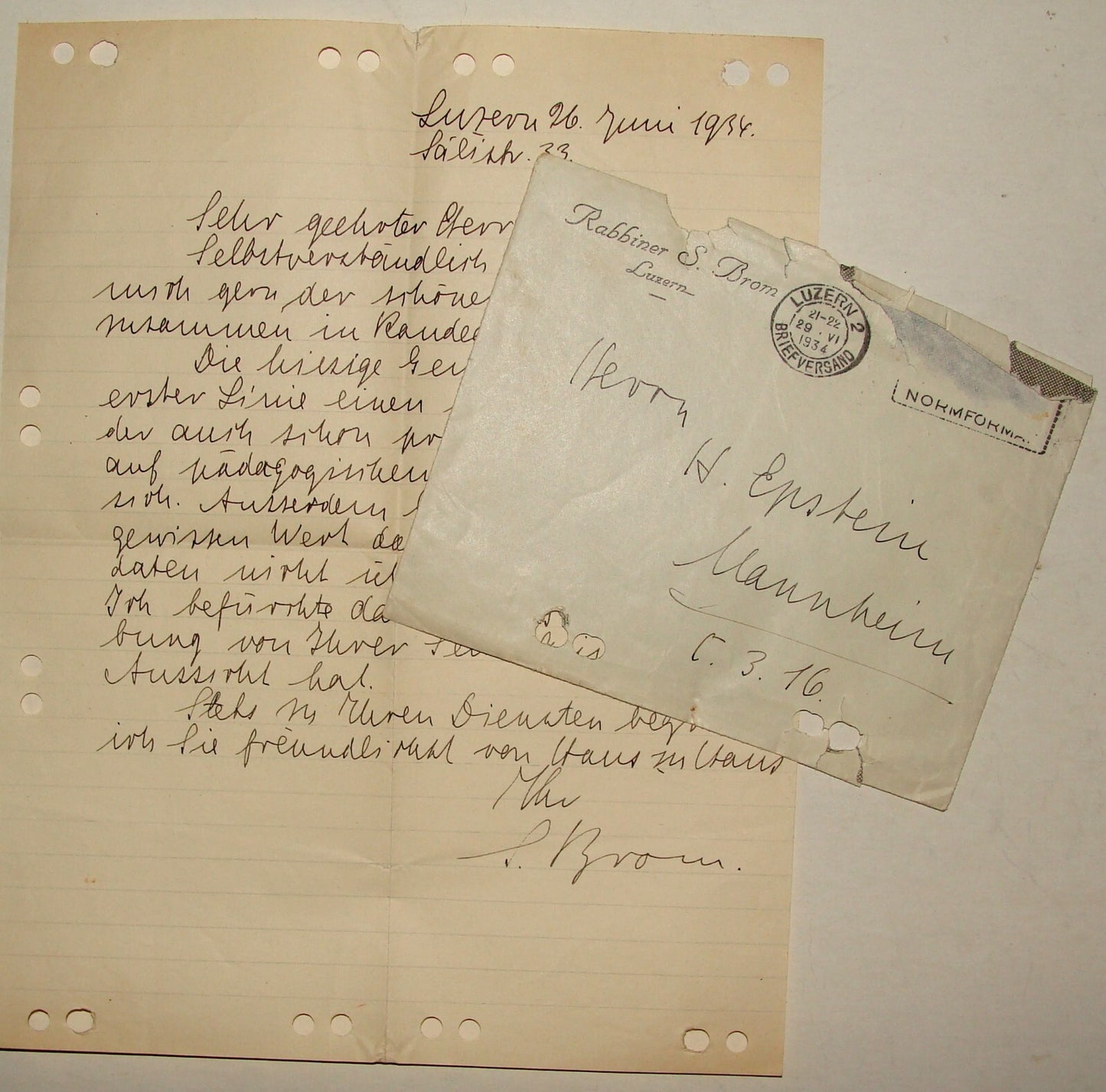 Letter Jewish RARE Judaica 1934 German Switzerland Luzern Rabbi Brom Signed