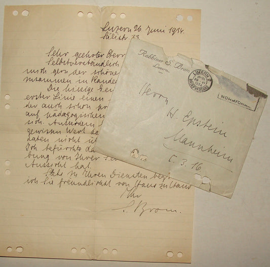 Letter Jewish RARE Judaica 1934 German Switzerland Luzern Rabbi Brom Signed