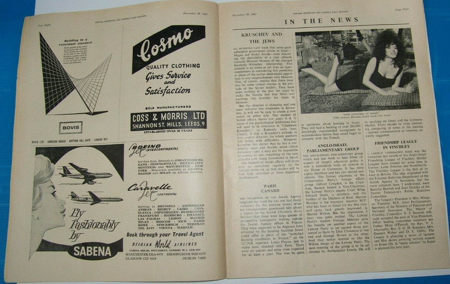 Newspaper Jewish observer israel israeli Moshe Dayan middle east review ad 1962