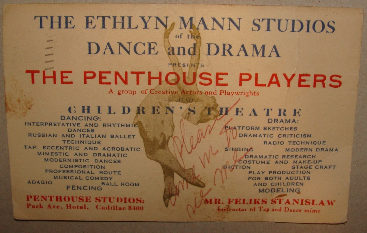 1939 Park Avenue Hotel Detroit Ethlyn Man Dance Drama Theater Postcard Penthouse