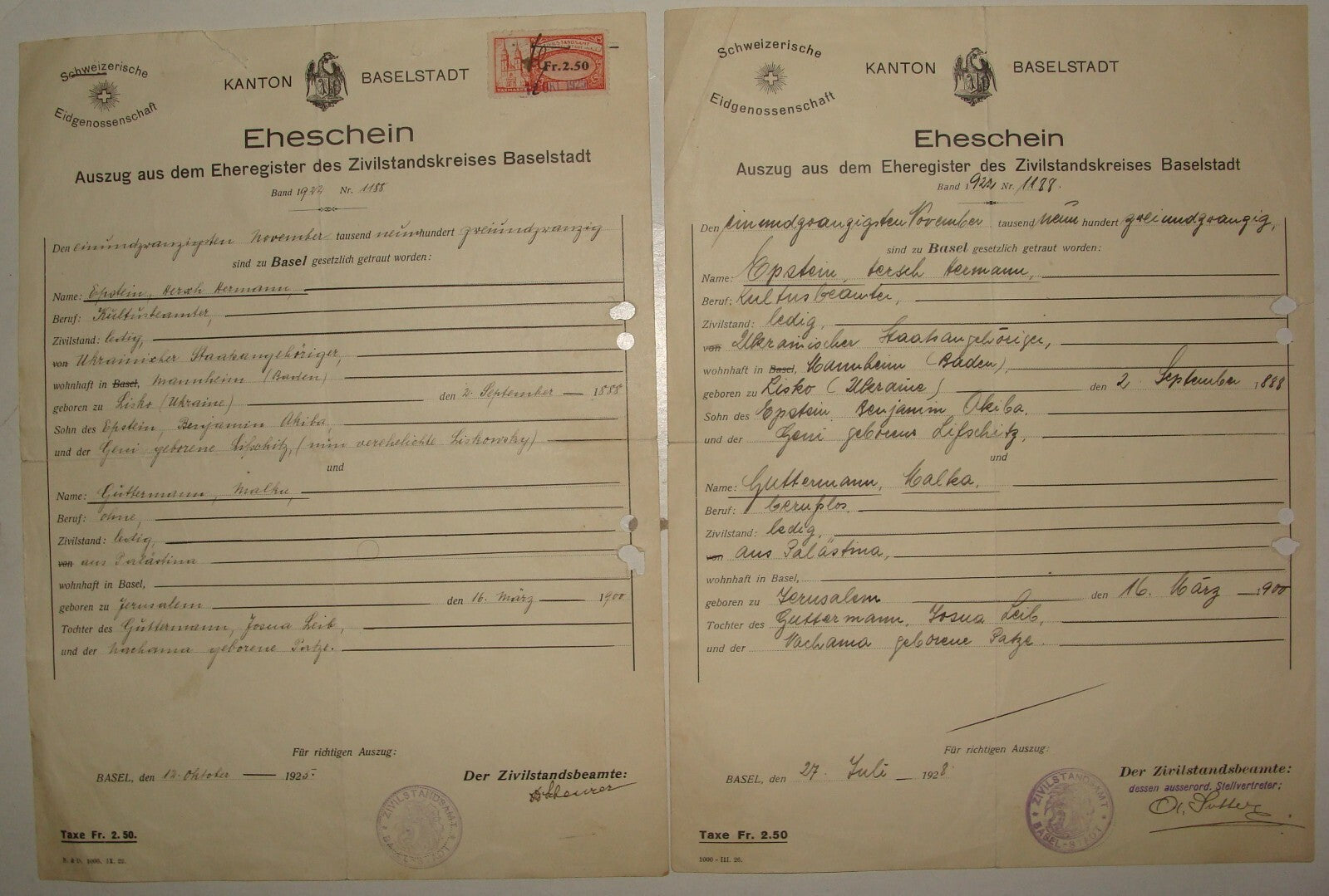 Jewish Judaica 1920s German Switzerland Basel Marriage Certificate EPSTEIN