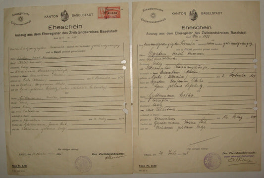 Jewish Judaica 1920s German Switzerland Basel Marriage Certificate EPSTEIN