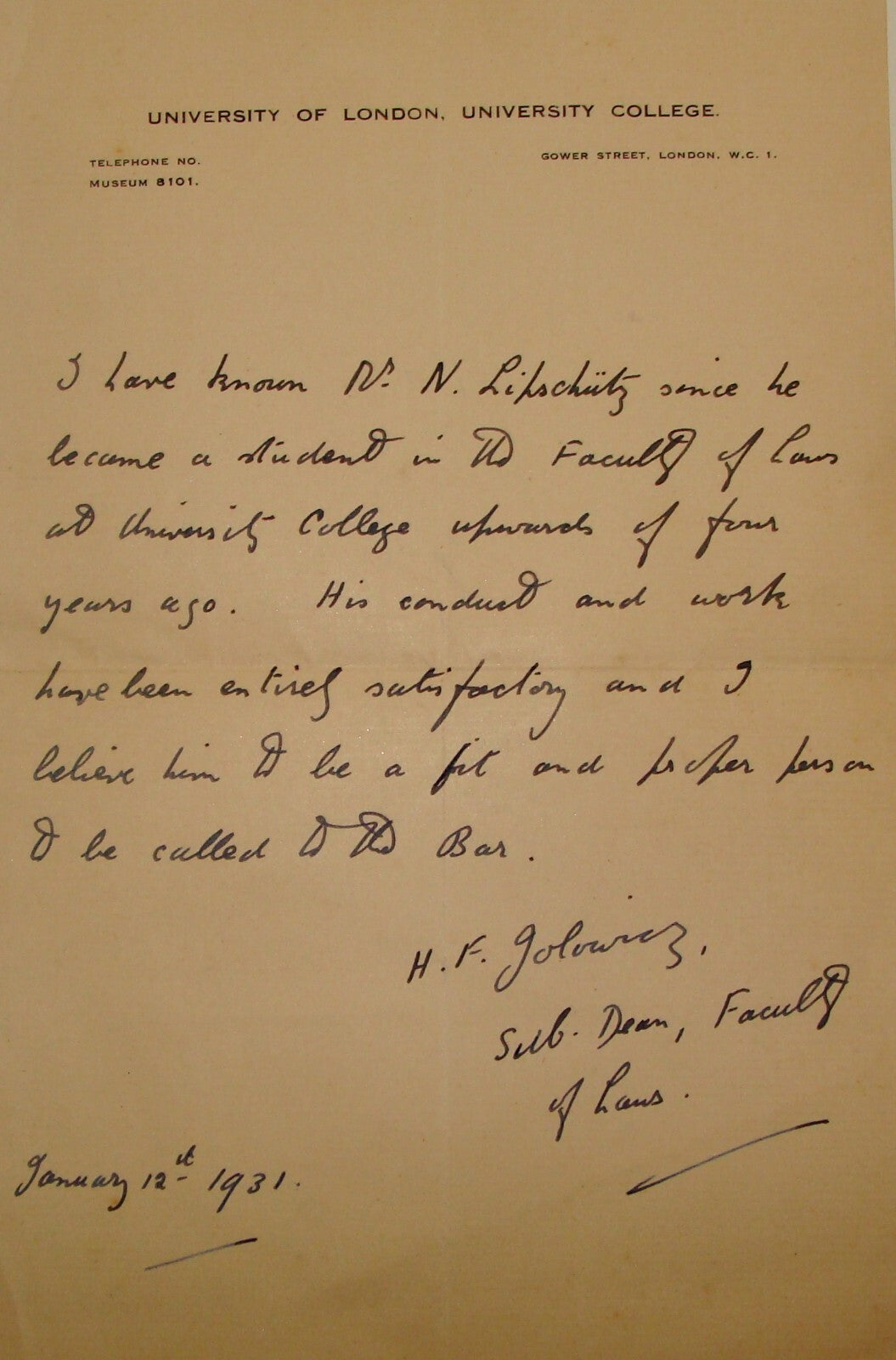 Letter Jewish 1931 University of London College To Dr Liphschitz Faculty of Laws
