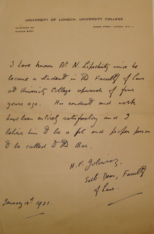 Letter Jewish 1931 University of London College To Dr Liphschitz Faculty of Laws
