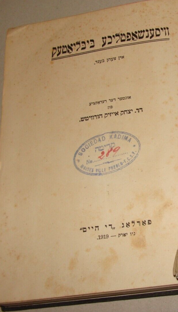 Book Jewish 1919 Judaica Yiddish United States New York Horowitz