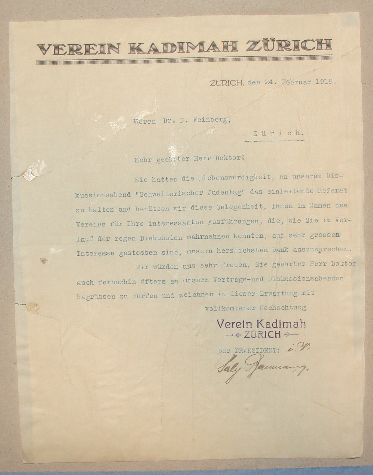 Letter Jewish Judaica 1919 Switzerland KADIMAH Zurich German Zionist