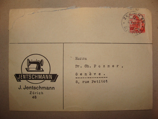 1949 Switzerland Zurich JENTSCHMANN Company Cover Stamp Sewing Machine