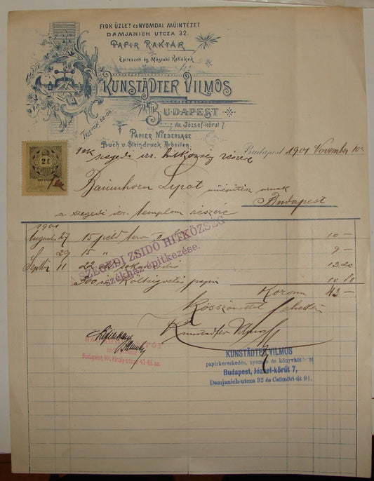 Letter Jewish Judaica Antique Hungary Budapest VILMOS KUNSTADTER 1901 Stamp