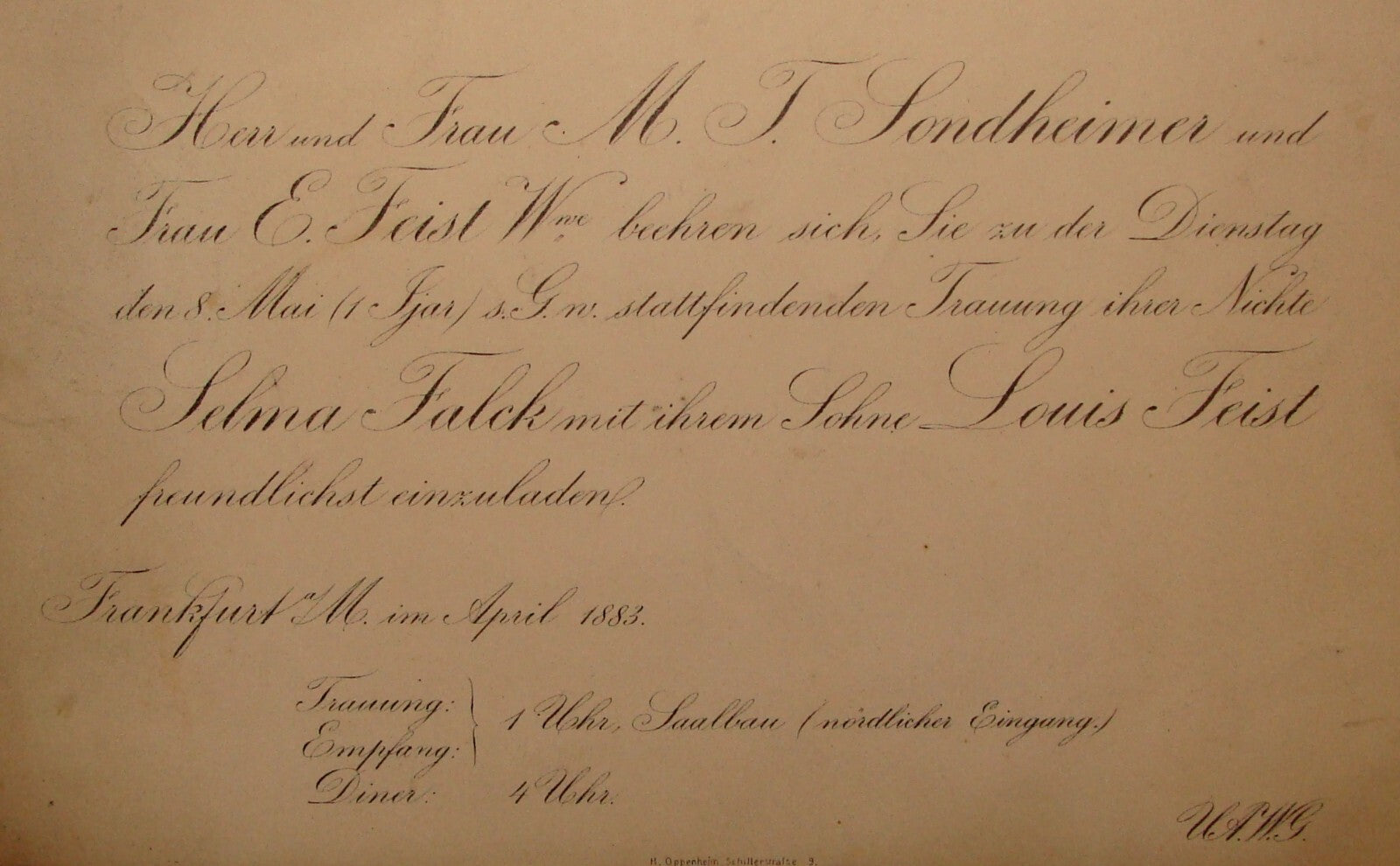 Germany Jewish Judaica 1883 German   Frankfurt SONDHEIMER FALCK FEIST Wedding