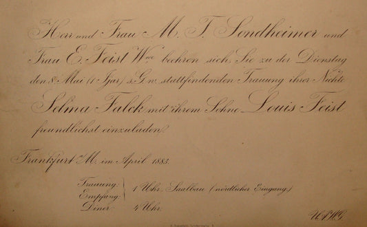 Germany Jewish Judaica 1883 German   Frankfurt SONDHEIMER FALCK FEIST Wedding