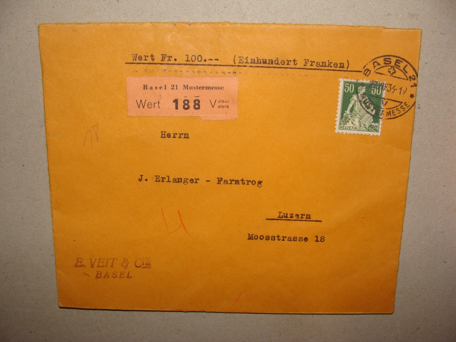 1933 Switzerland E. Veit & Cie Basel Cover Stamp Red Wax Seal