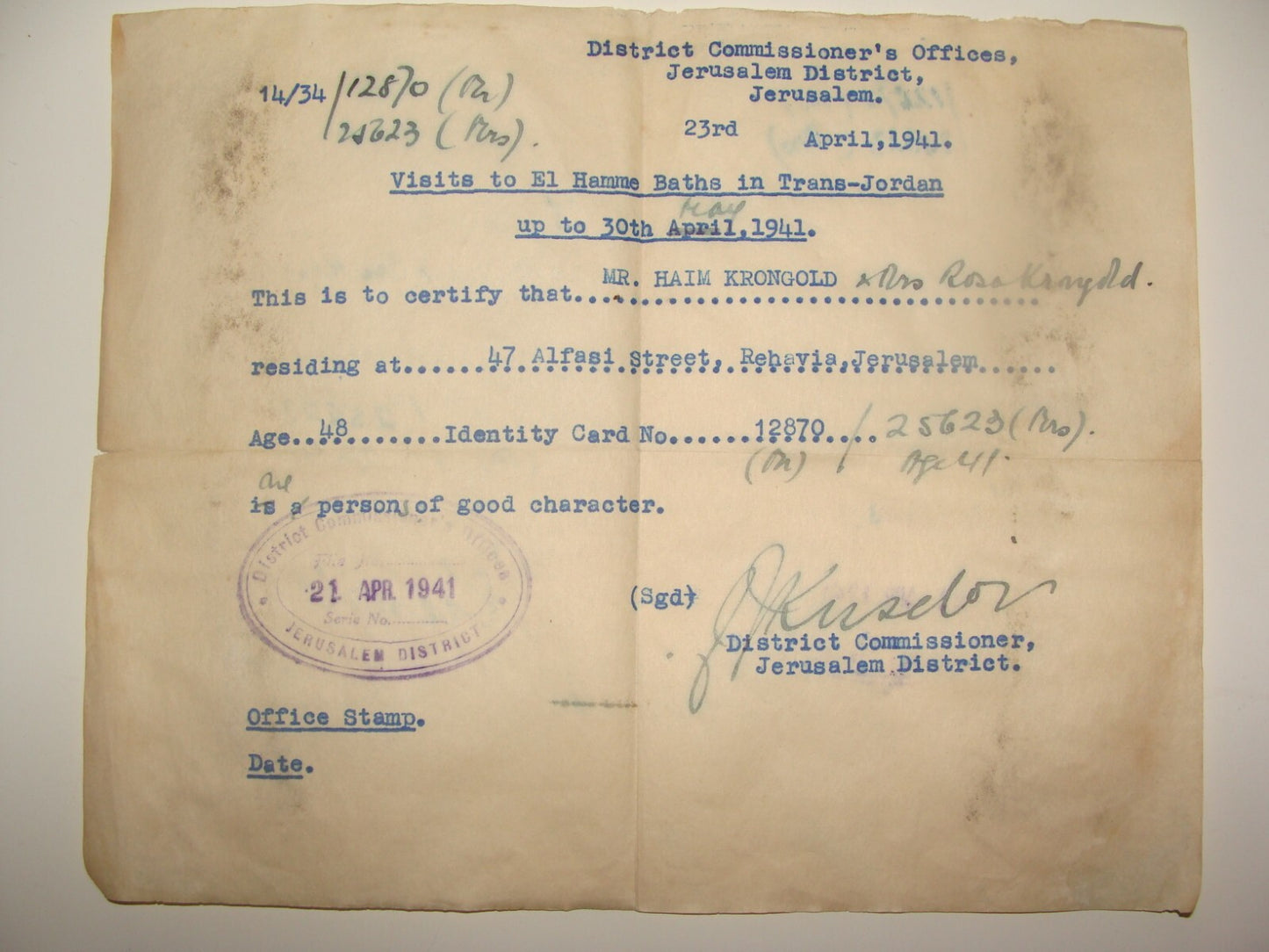 Jewish 1941 British Palestine Israel Jerusalem Jordan Visit Certificate Signed