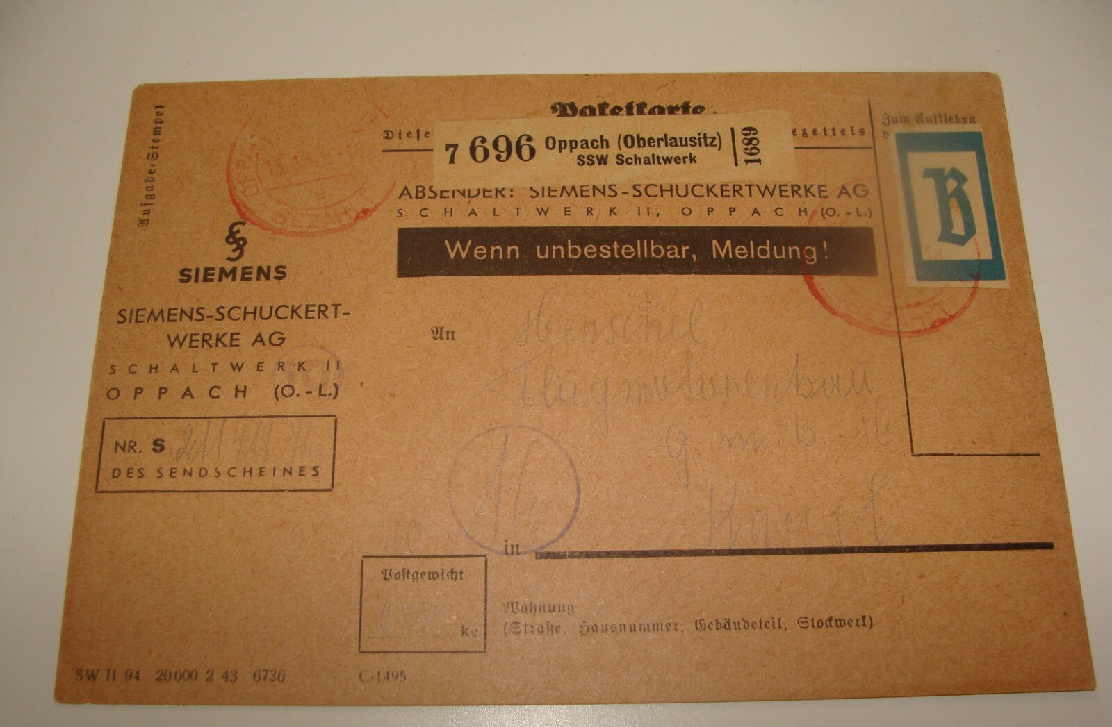 Germany 194?   Siemens Oppach Cover Stamp Postcard
