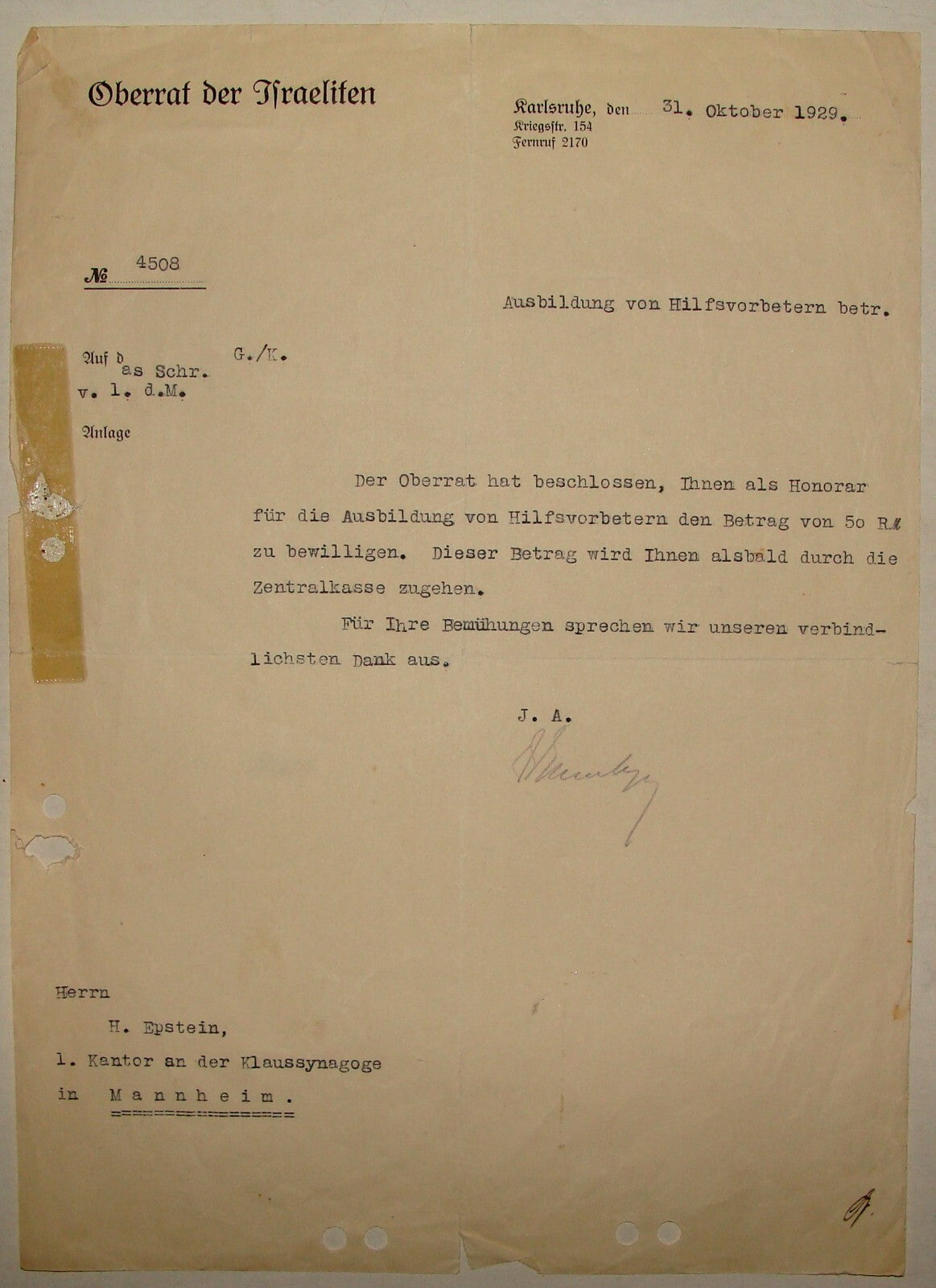 Germany Jewish Judaica 1929 German Synagogue Cantor Epstein Mannheim Rabbi