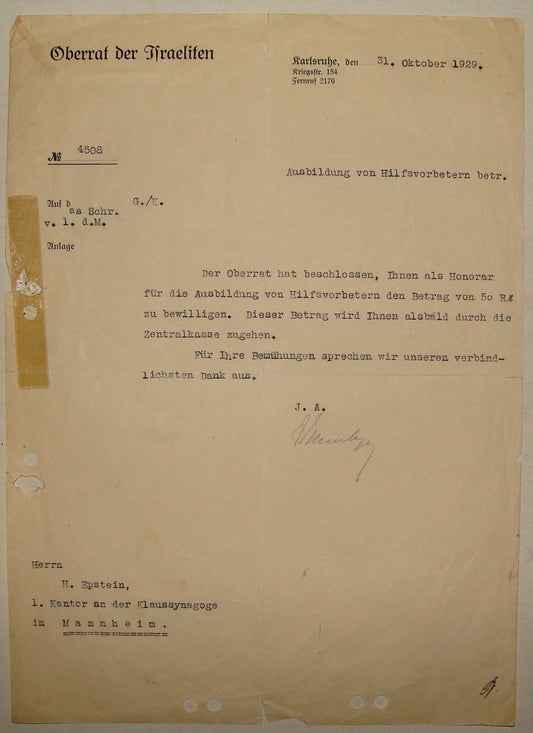 Germany Jewish Judaica 1929 German Synagogue Cantor Epstein Mannheim Rabbi