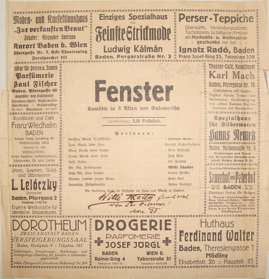 WILHELM WILLI THALLER FENSTER Austria Wien Theater Opera Actor SIGNED SIGNATURE