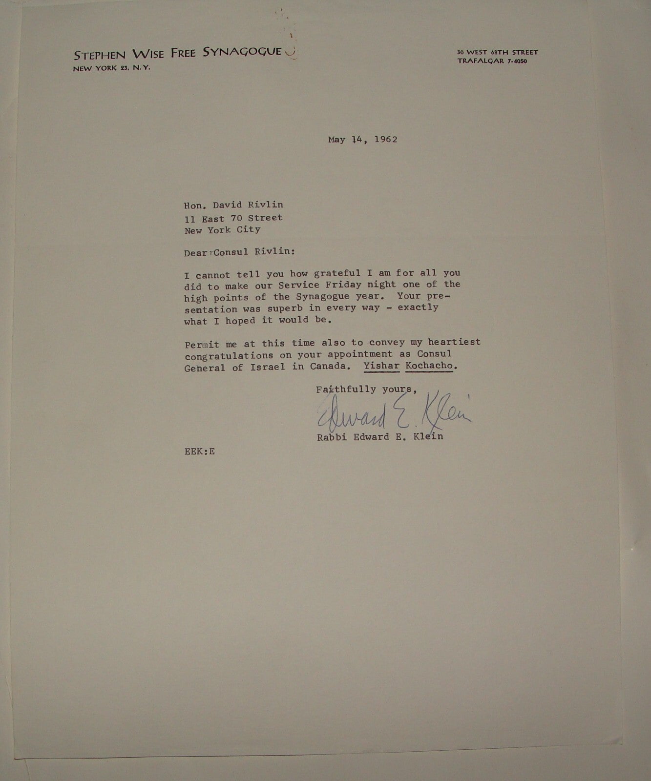 Letter Jewish American Judaica Rabbi Edward Klein Signed Stephen Wise Synagogue