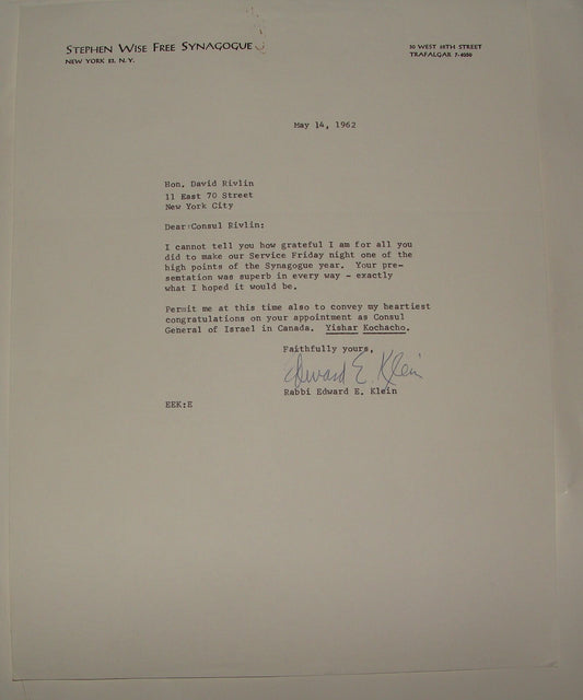 Letter Jewish American Judaica Rabbi Edward Klein Signed Stephen Wise Synagogue