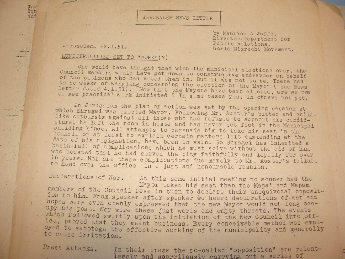 Letter Jewish RARE 1950-51 Israel Rabbi MAURICE JAFFE Jerusalem News x6 Zionist