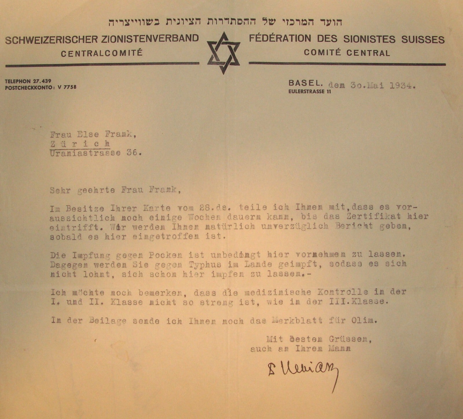 Letter Jewish RARE Judaica 1934 Switzerland Zionist Basel Zurich Certificate