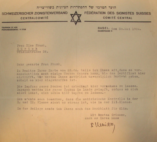 Letter Jewish RARE Judaica 1934 Switzerland Zionist Basel Zurich Certificate