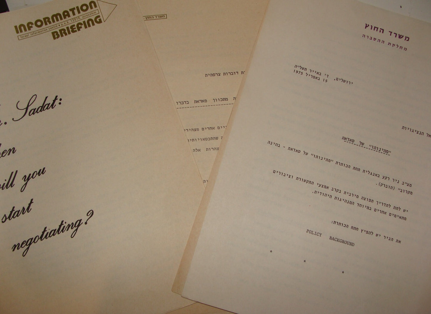 Paper Jewish Judaica 1974-8 Israel Israeli Foreign Affairs Egypt SADAT Peace