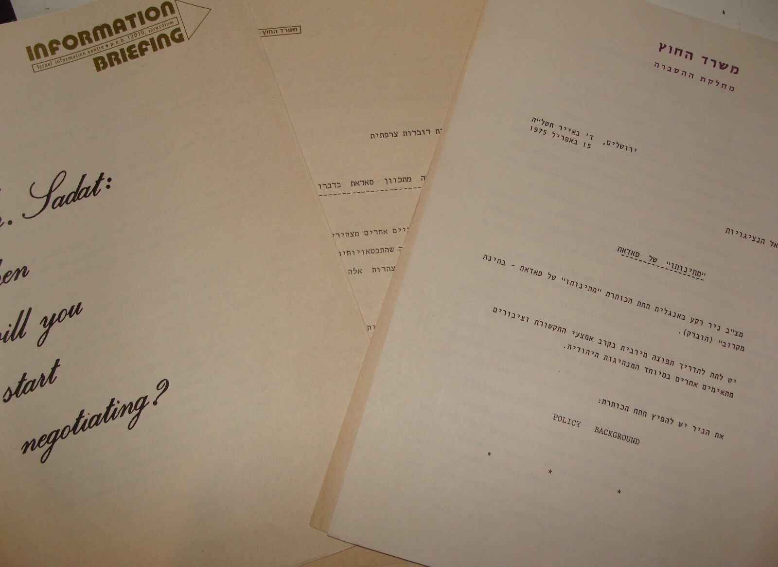 Paper Jewish Judaica 1974-8 Israel Israeli Foreign Affairs Egypt SADAT Peace