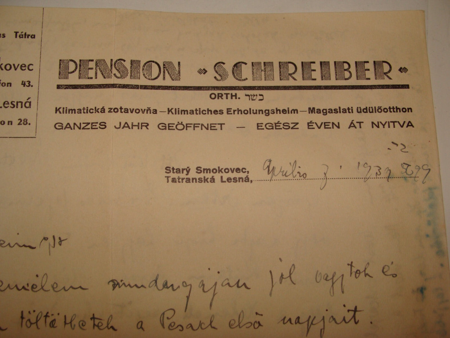 Letter Jewish Judaica 1939 Slovakia PENSION SCHREIBER German Stary Smokovec Jews