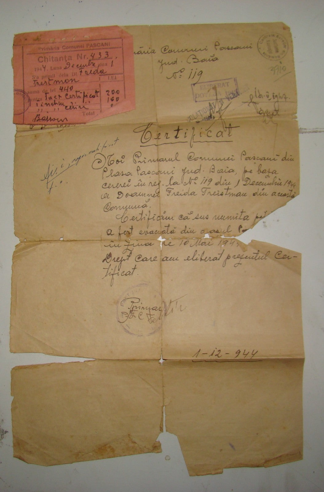 Letter Jewish romania Centrala Evreilor 1944 WW2 Certificate Holocaust Signed