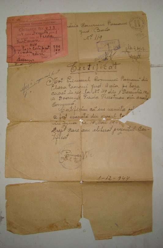 Letter Jewish romania Centrala Evreilor 1944 WW2 Certificate Holocaust Signed