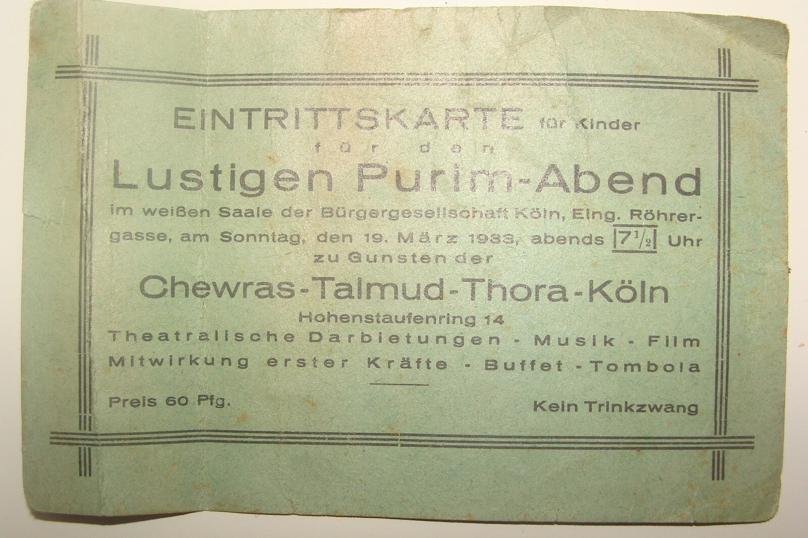 Germany Card Jewish Judaica 1933 German   Koln Rabbi Talmud Torah Purim Children