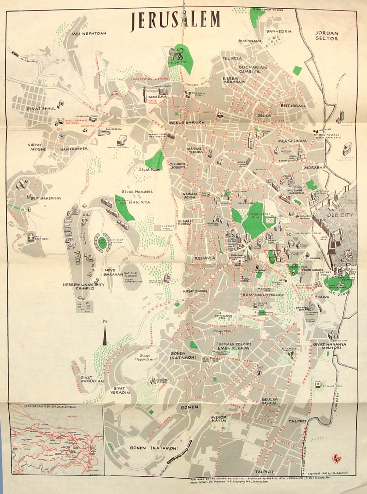 Jewish Judaica 1961 Israel JERUSALEM Pictorial Map Pre Six Day War YMCA Guide