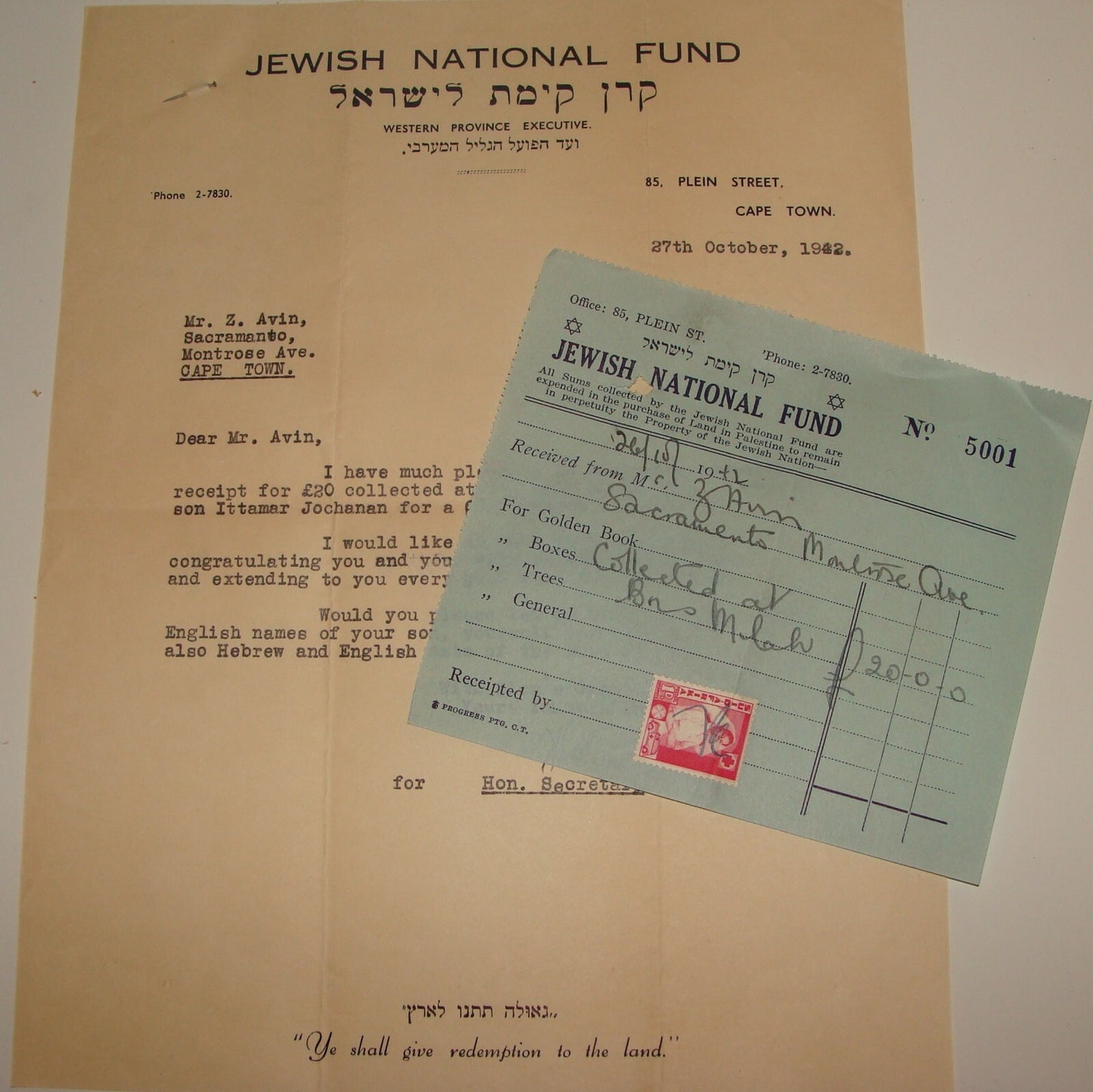 Letter Jewish Judaica 1942 National Fund South Africa Cape Town Receipt Zionist