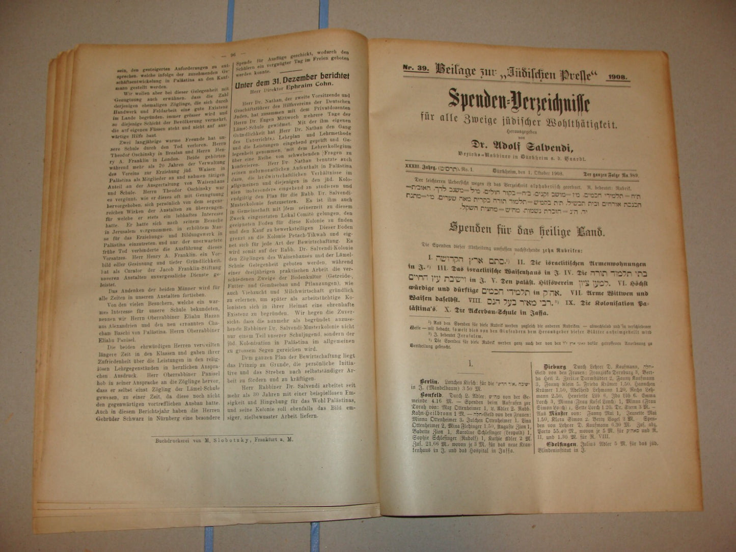 Germany Newspaper Jewish RARE Judaica German Spenden Verzeichnisse 1908 Salvendi
