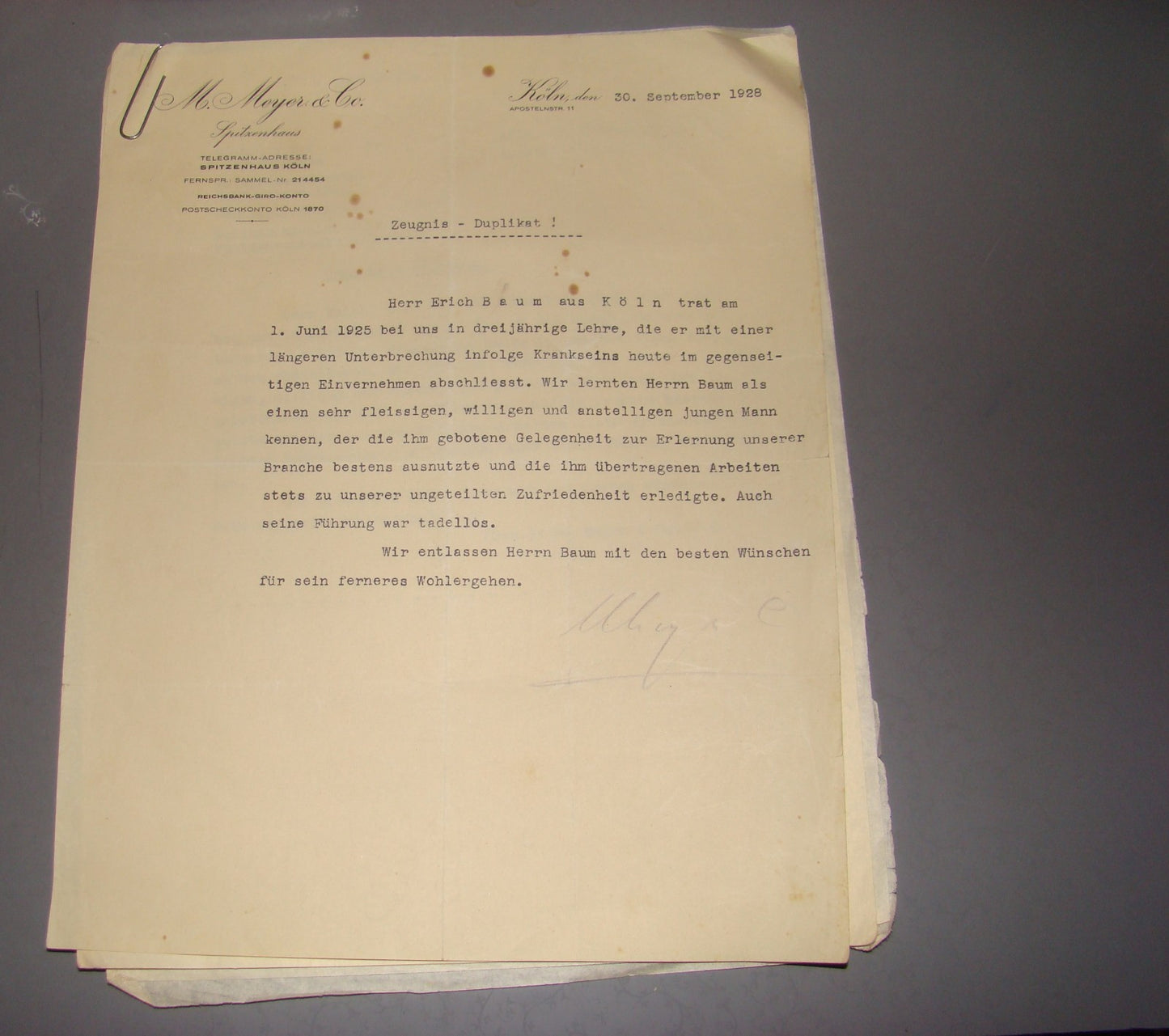 Germany letter Jewish judaica jews signed 1928 gemeinde judische Meyer company