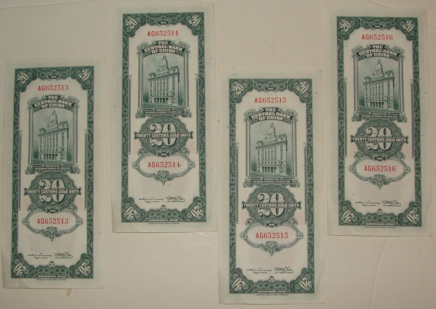 1930 CHINA SHANGHAI Banknote x4 Consecutive Numbers